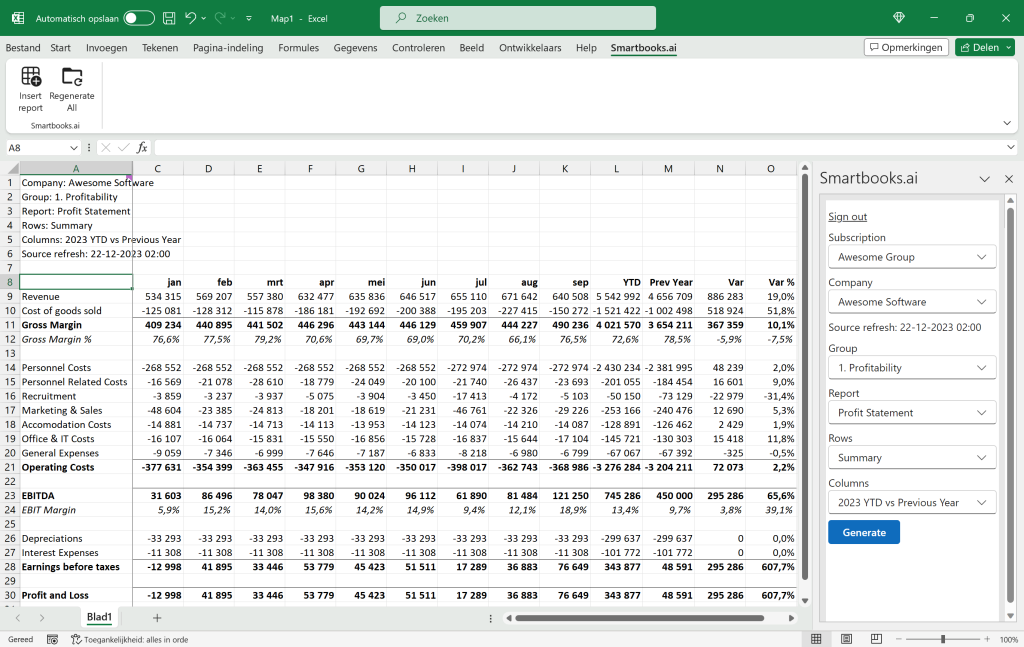 Smartbooks Excel add-in met maandelijkse cijfers van een resultatenrekening